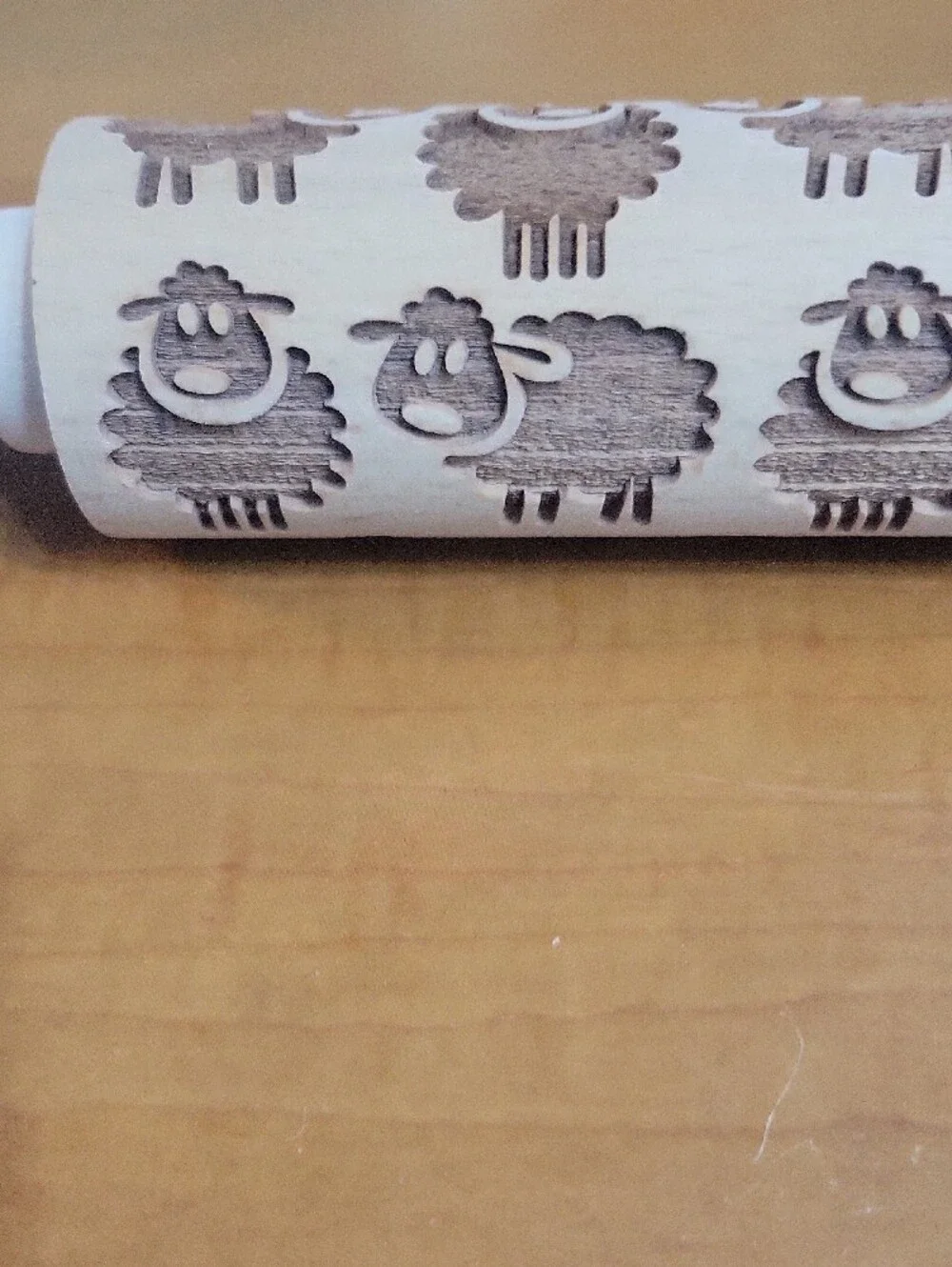 Pastry Embossed Wooden Rolling Pin - Light Natural Wood Sheep Design